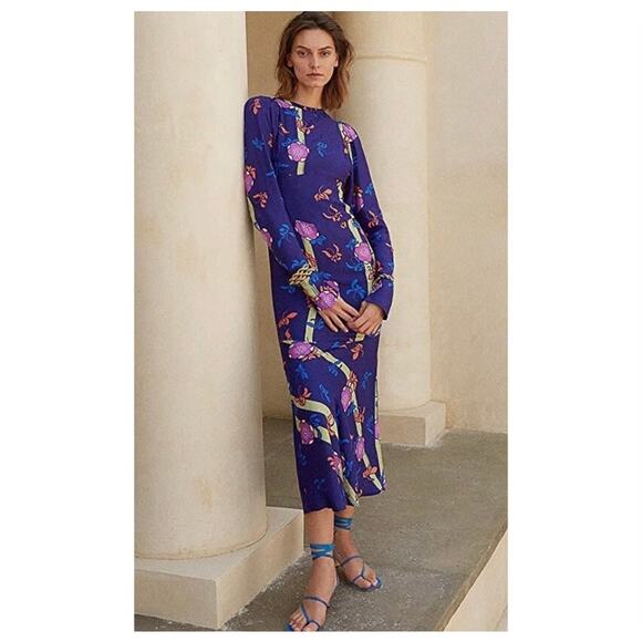 NWT Silvia Astore Jade Blue Floral Silk Midi Dress Size 42 |‎ Medium Long Sleeve - Picture 1 of 16